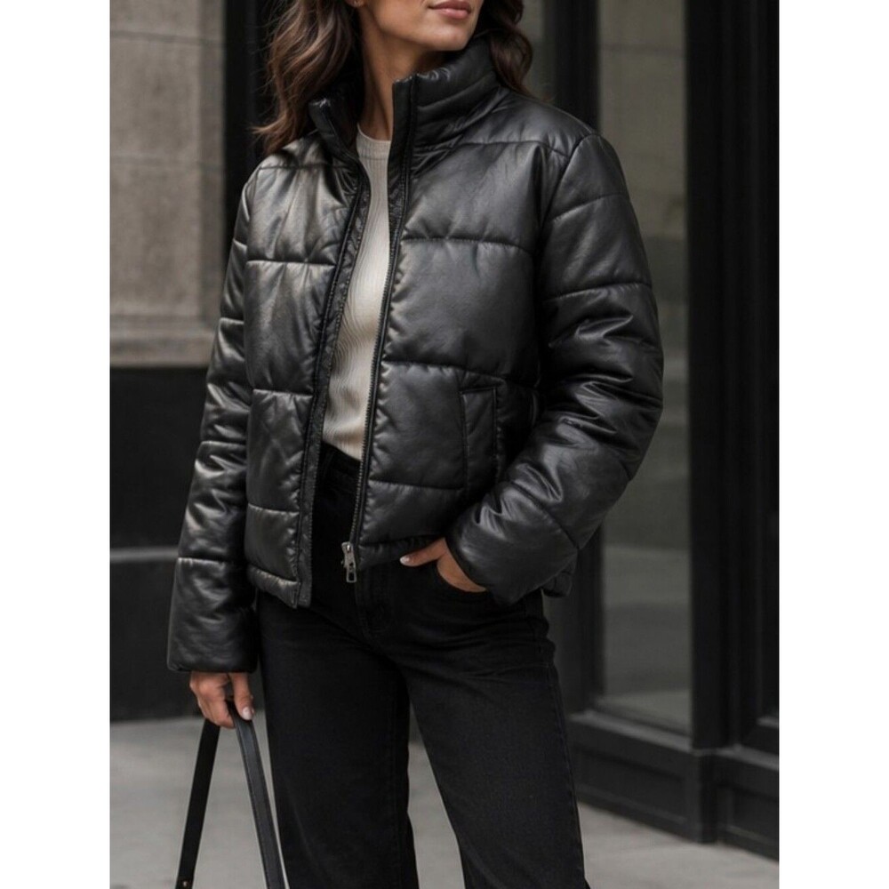 Avec Les Filles Black Faux Leather Puffer Jacket S Petite Moto Chic Coat